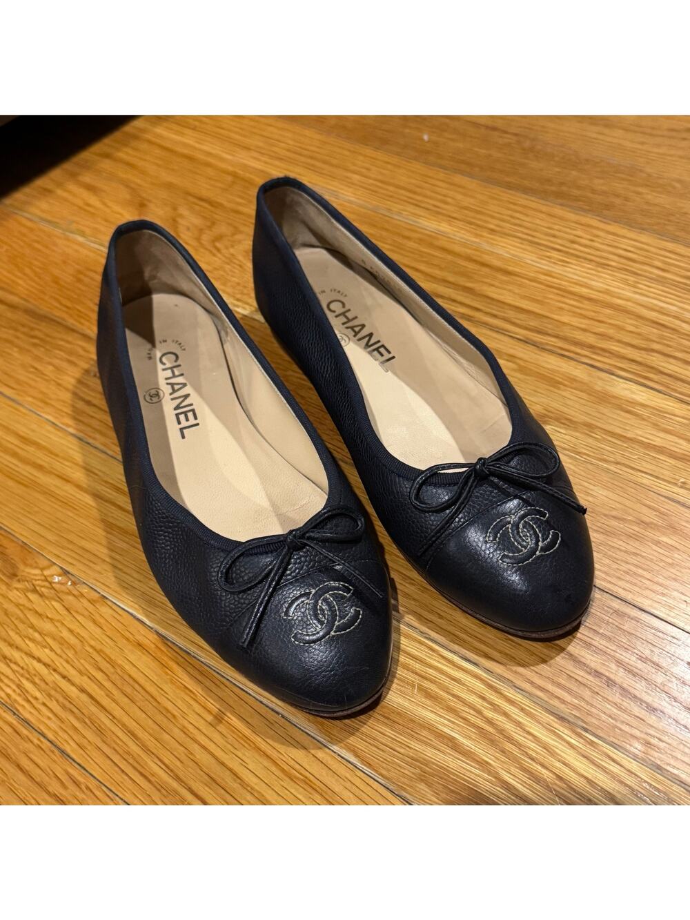 Authentic Chanel 37.5 Black Ballet Flats Caviar Leather CC Bow